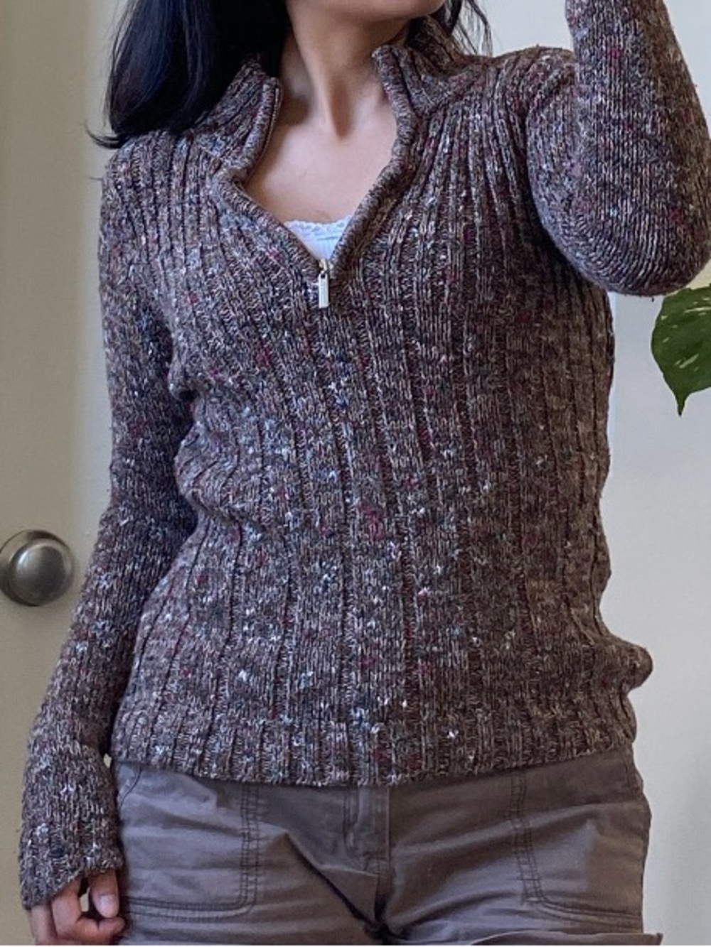 Liz Claiborne Brown Speckled Ribbed Half-Zip Sweater